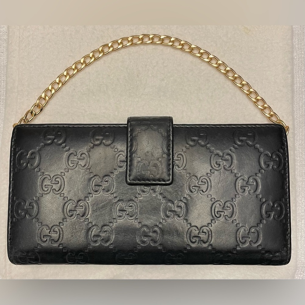 Gucci Authentic Vintage Black Mono Leather Long Wallet with Unbranded Gold Chain - Picture 4 of 17